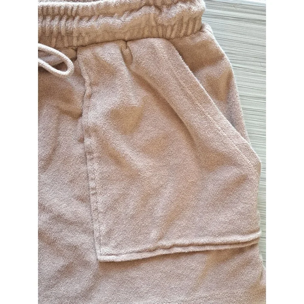 Zara Womens Brown Terry Cloth Shorts Elastic Waist & Drawstring Large Comfy - Picture 3 of 8